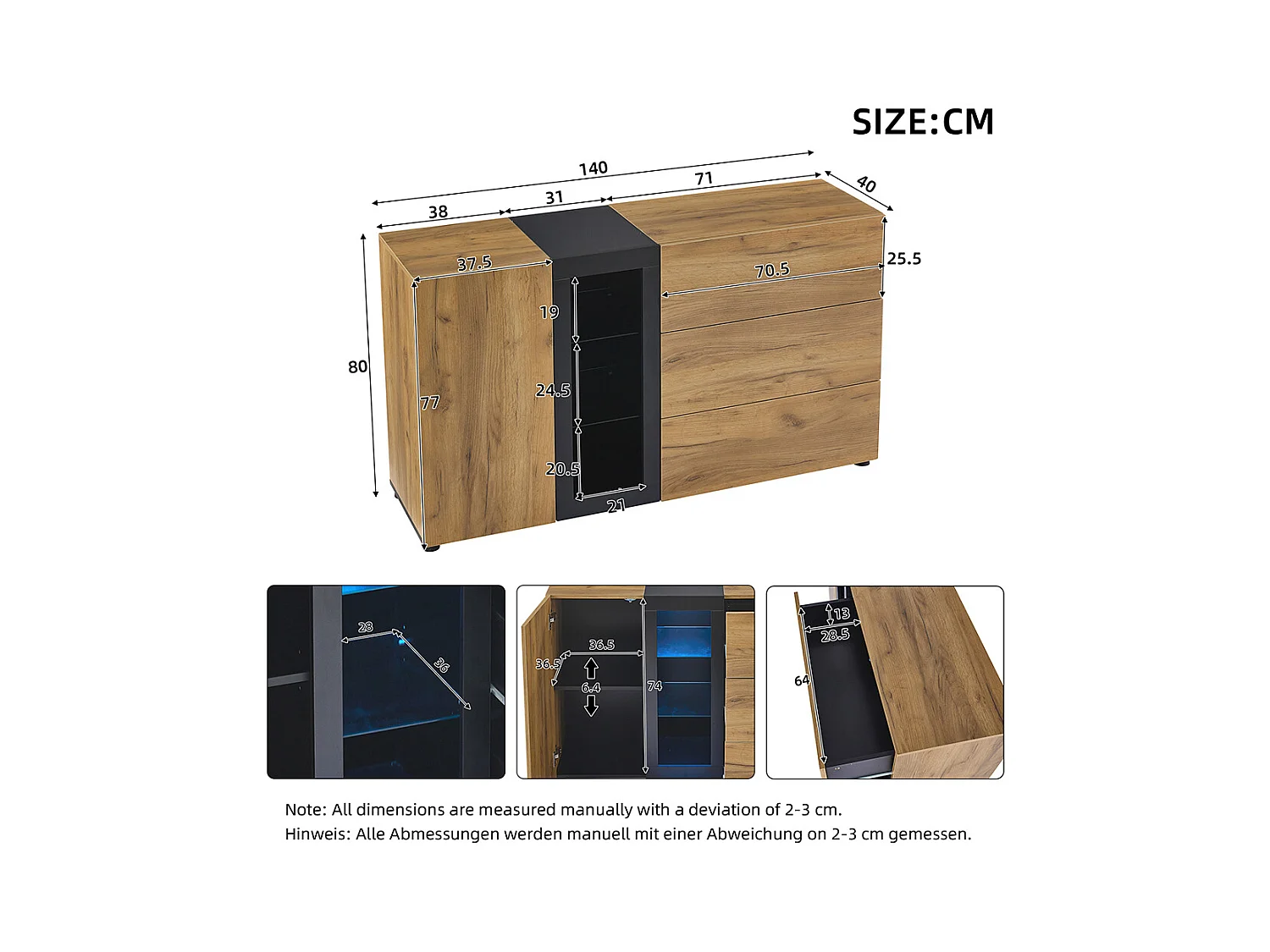 Buffet moderne 3 tiroirs console appoint rangement vitrine marron