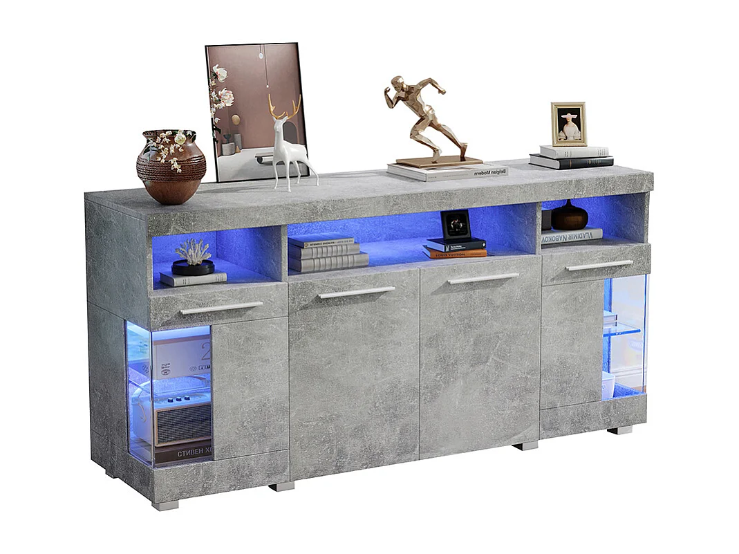 Buffet meuble appoint brillant salon éclairage LED verre trempé 3 compartiments couleur ciment