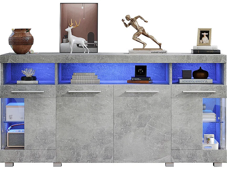 Buffet meuble appoint brillant salon éclairage LED verre trempé 3 compartiments couleur ciment