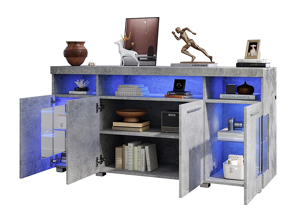 Buffet meuble appoint brillant salon éclairage LED verre trempé 3 compartiments couleur ciment