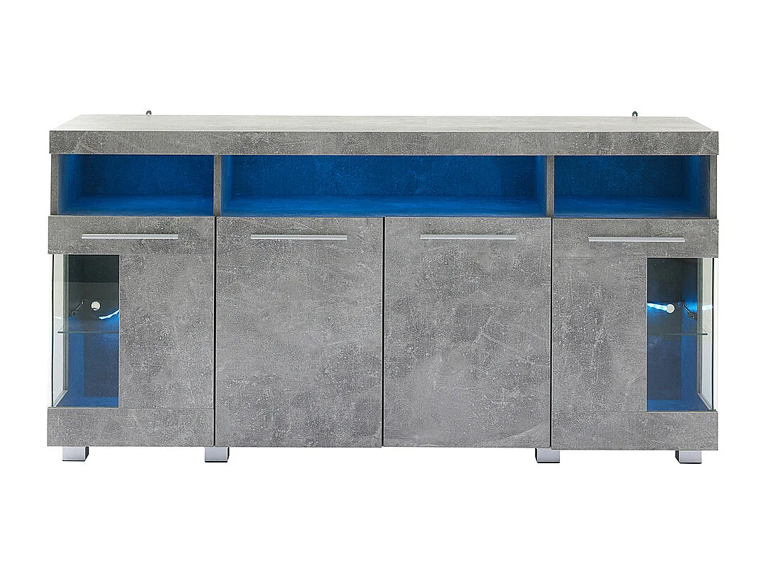 Buffet meuble appoint brillant salon éclairage LED verre trempé 3 compartiments couleur ciment