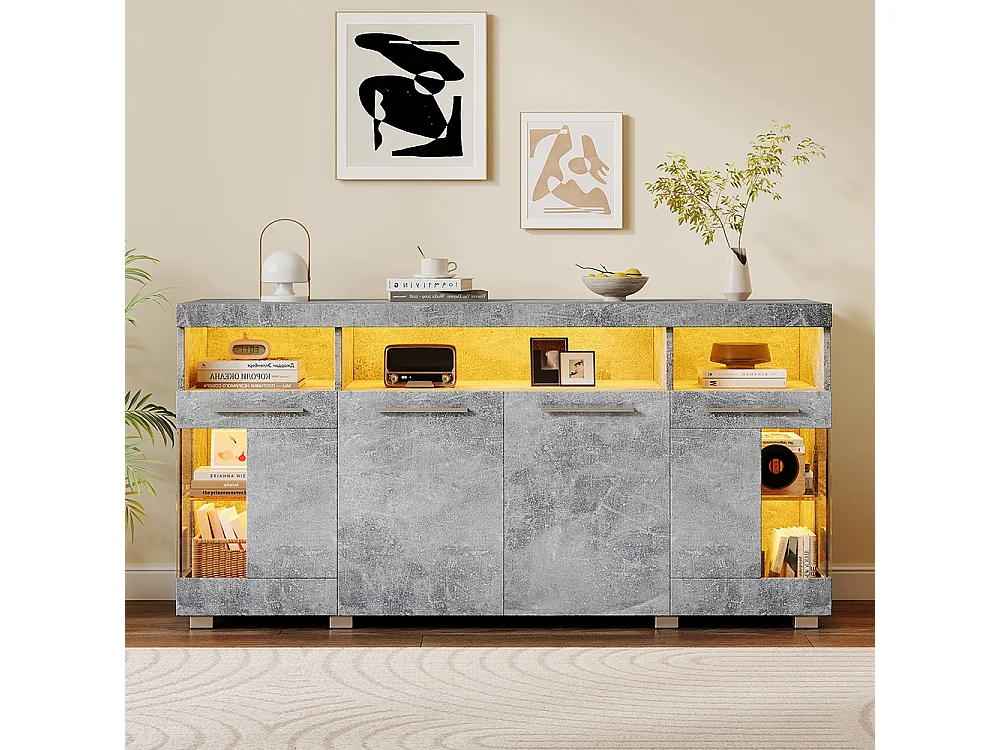 Buffet meuble appoint brillant salon éclairage LED verre trempé 3 compartiments couleur ciment