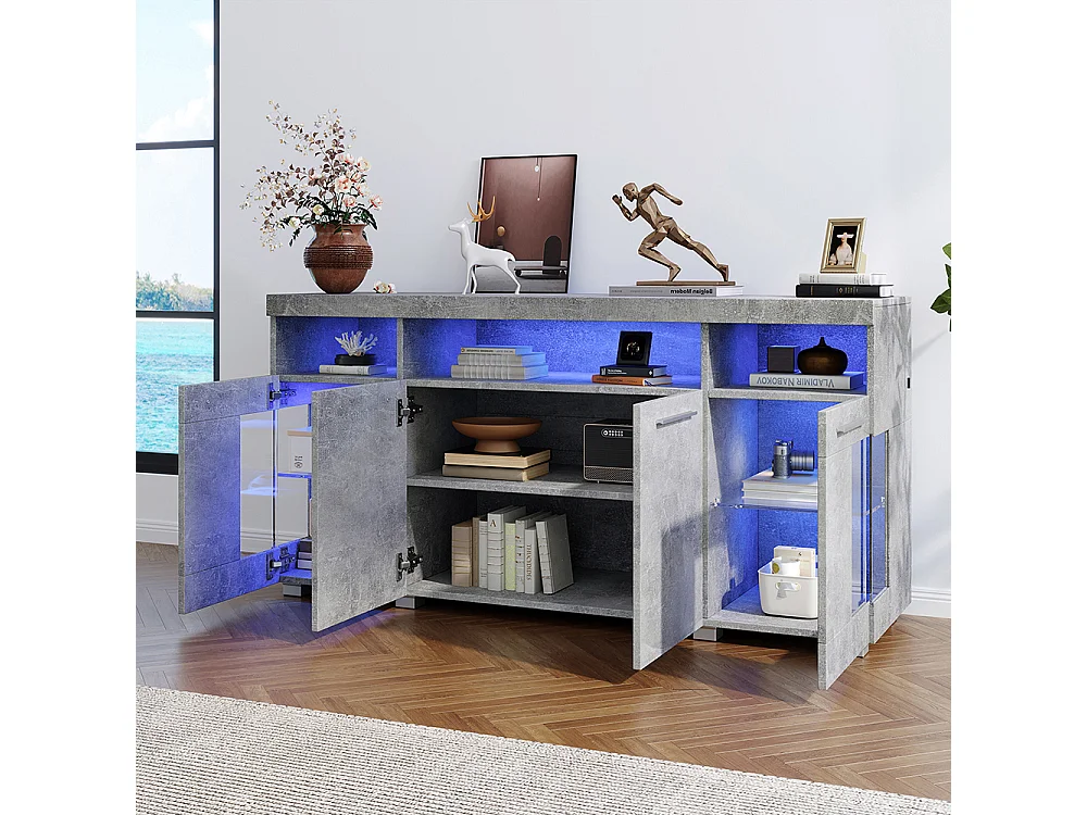 Buffet meuble appoint brillant salon éclairage LED verre trempé 3 compartiments couleur ciment