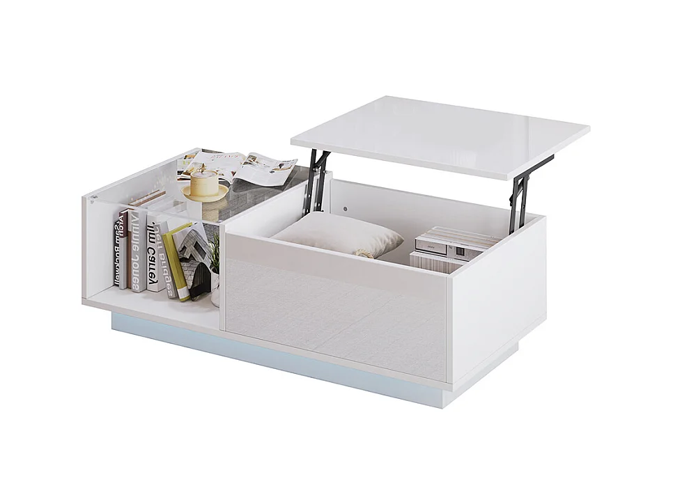 Table basse relevable LED réglable hauteur à 46.5 cm rangement caché tablette brillante salon blanc