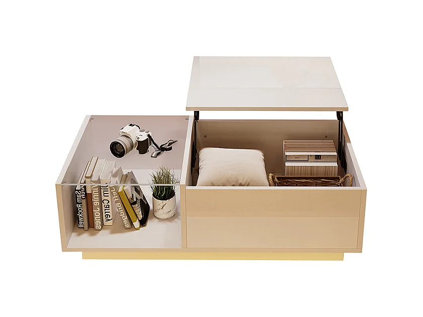 Table basse relevable LED réglable hauteur à 46.5 cm rangement caché tablette brillante salon blanc