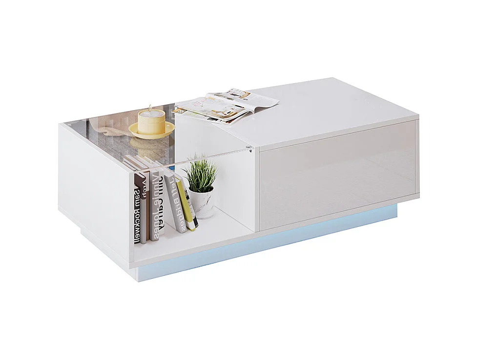 Table basse relevable LED réglable hauteur à 46.5 cm rangement caché tablette brillante salon blanc