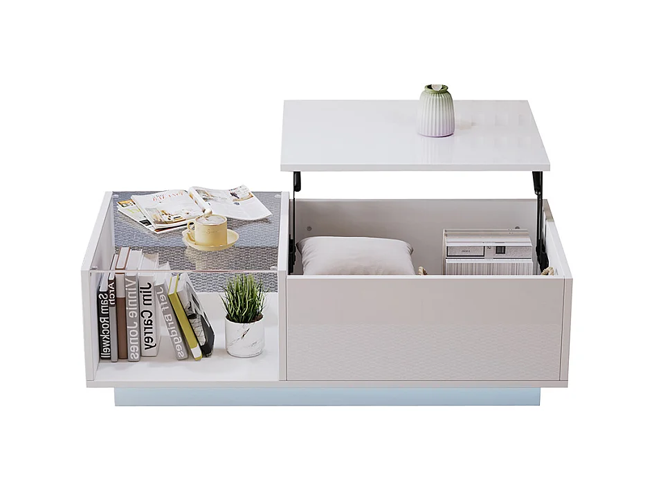 Table basse relevable LED réglable hauteur à 46.5 cm rangement caché tablette brillante salon blanc