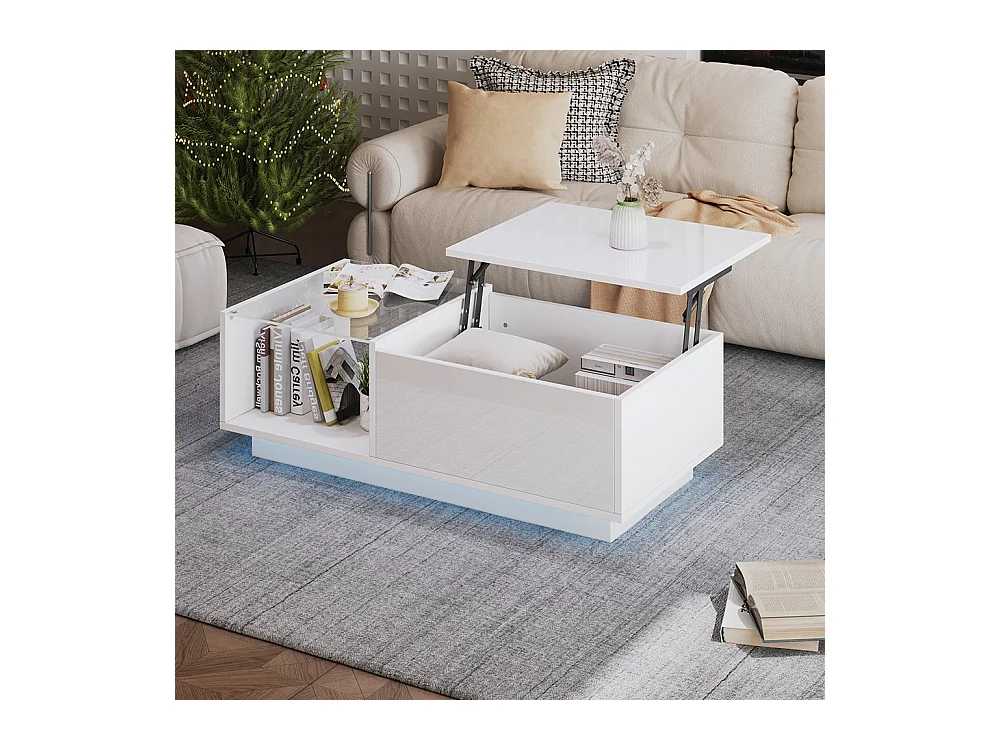 Table basse relevable LED réglable hauteur à 46.5 cm rangement caché tablette brillante salon blanc