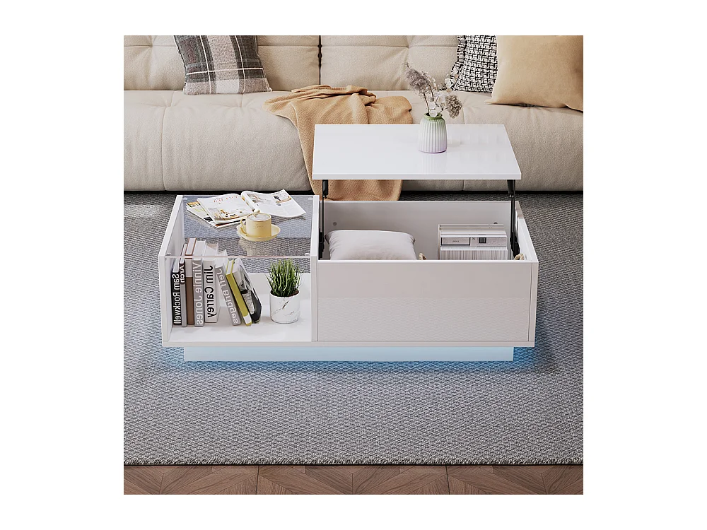 Table basse relevable LED réglable hauteur à 46.5 cm rangement caché tablette brillante salon blanc