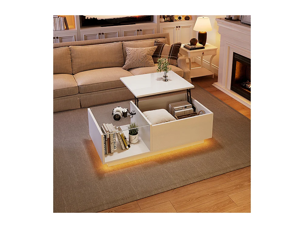 Table basse relevable LED réglable hauteur à 46.5 cm rangement caché tablette brillante salon blanc