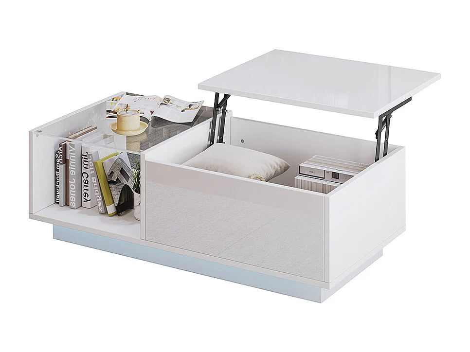 Table basse relevable LED réglable hauteur à 46.5 cm rangement caché tablette brillante salon blanc