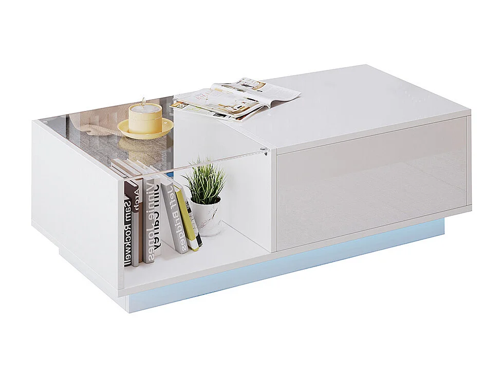 Table basse relevable LED réglable hauteur à 46.5 cm rangement caché tablette brillante salon blanc