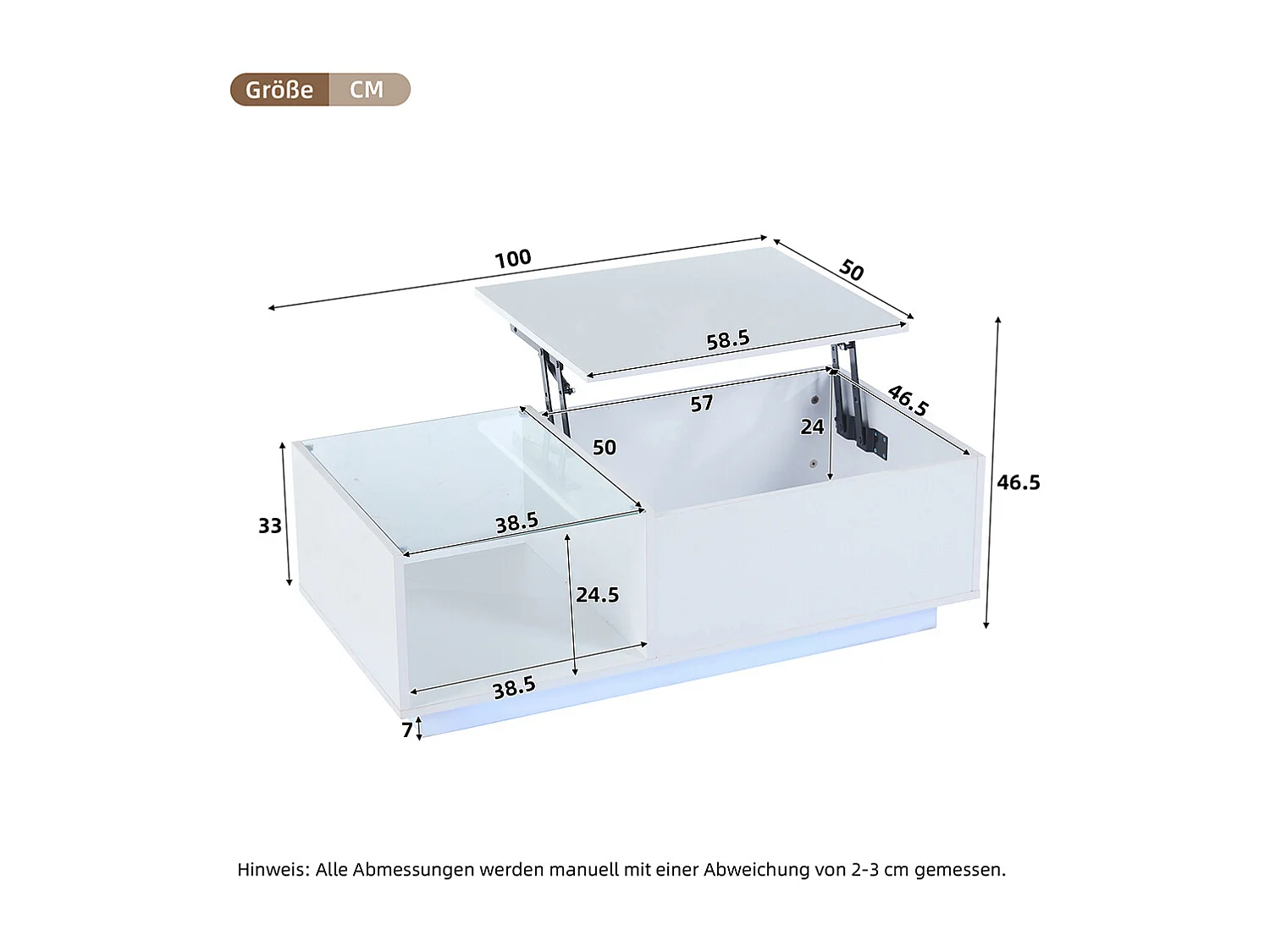 Table basse relevable LED réglable hauteur à 46.5 cm rangement caché tablette brillante salon blanc