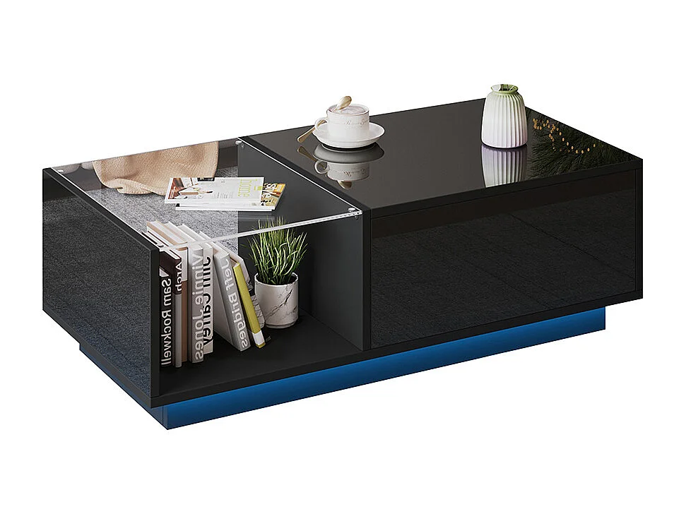 Table basse relevable LED réglable hauteur à 46.5 cm rangement caché tablette brillante salon noir