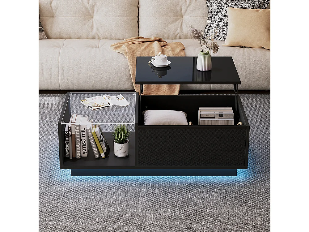 Table basse relevable LED réglable hauteur à 46.5 cm rangement caché tablette brillante salon noir