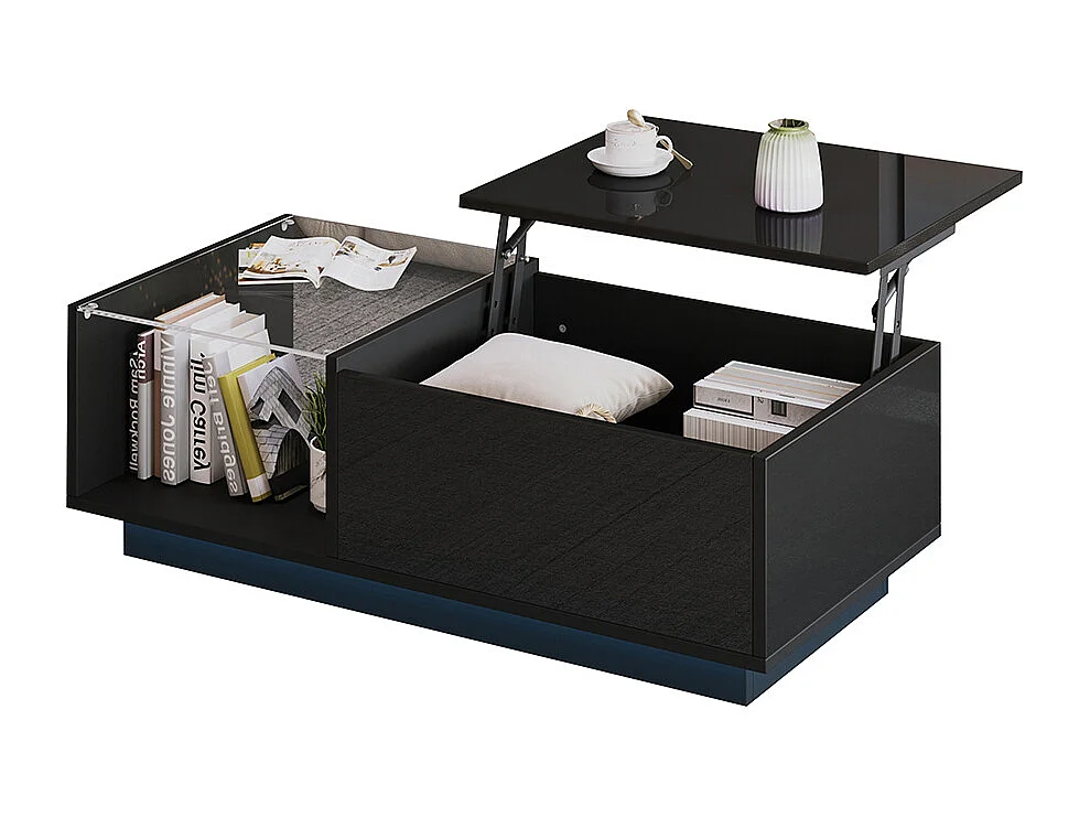 Table basse relevable LED réglable hauteur à 46.5 cm rangement caché tablette brillante salon noir