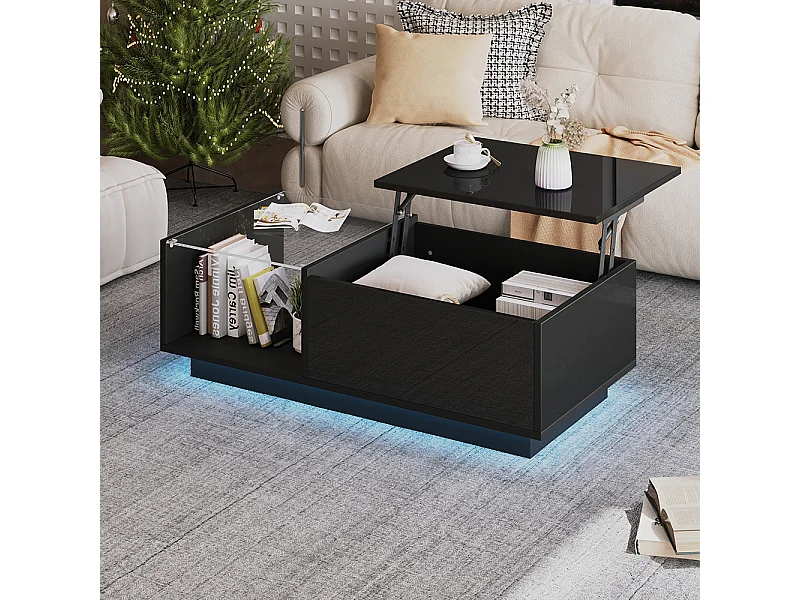 Table basse relevable LED réglable hauteur à 46.5 cm rangement caché tablette brillante salon noir