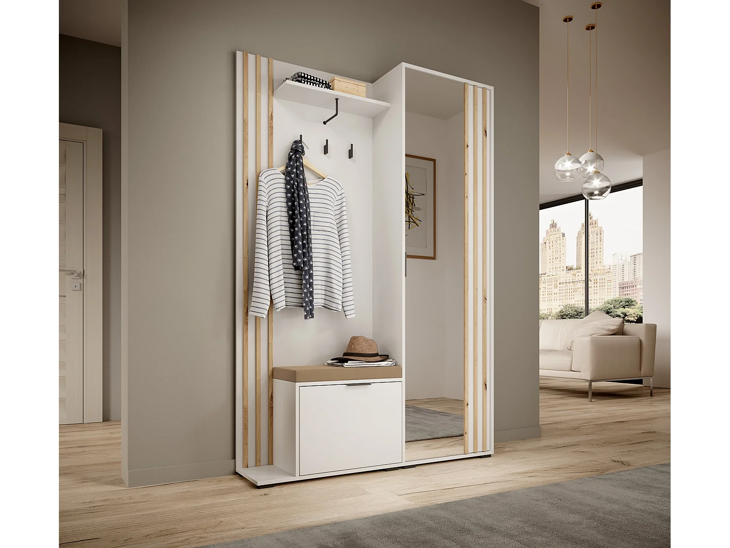 MINIO go for it, ensemble de garde-robe NEL, avec assise rembourrée, avec miroir, blanc/chêne artisan