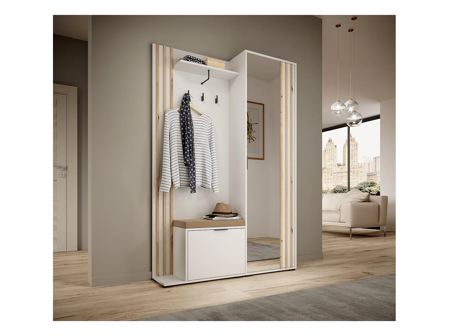 MINIO go for it, ensemble de garde-robe NEL, avec assise rembourrée, avec miroir, blanc/chêne artisan