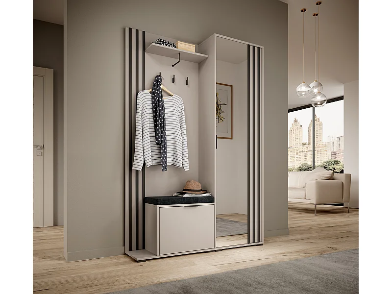 MINIO go for it, Garderoba NEL, z czarnym tapicerowanym siedziskiem, z lustrem, kaszmir/czarny