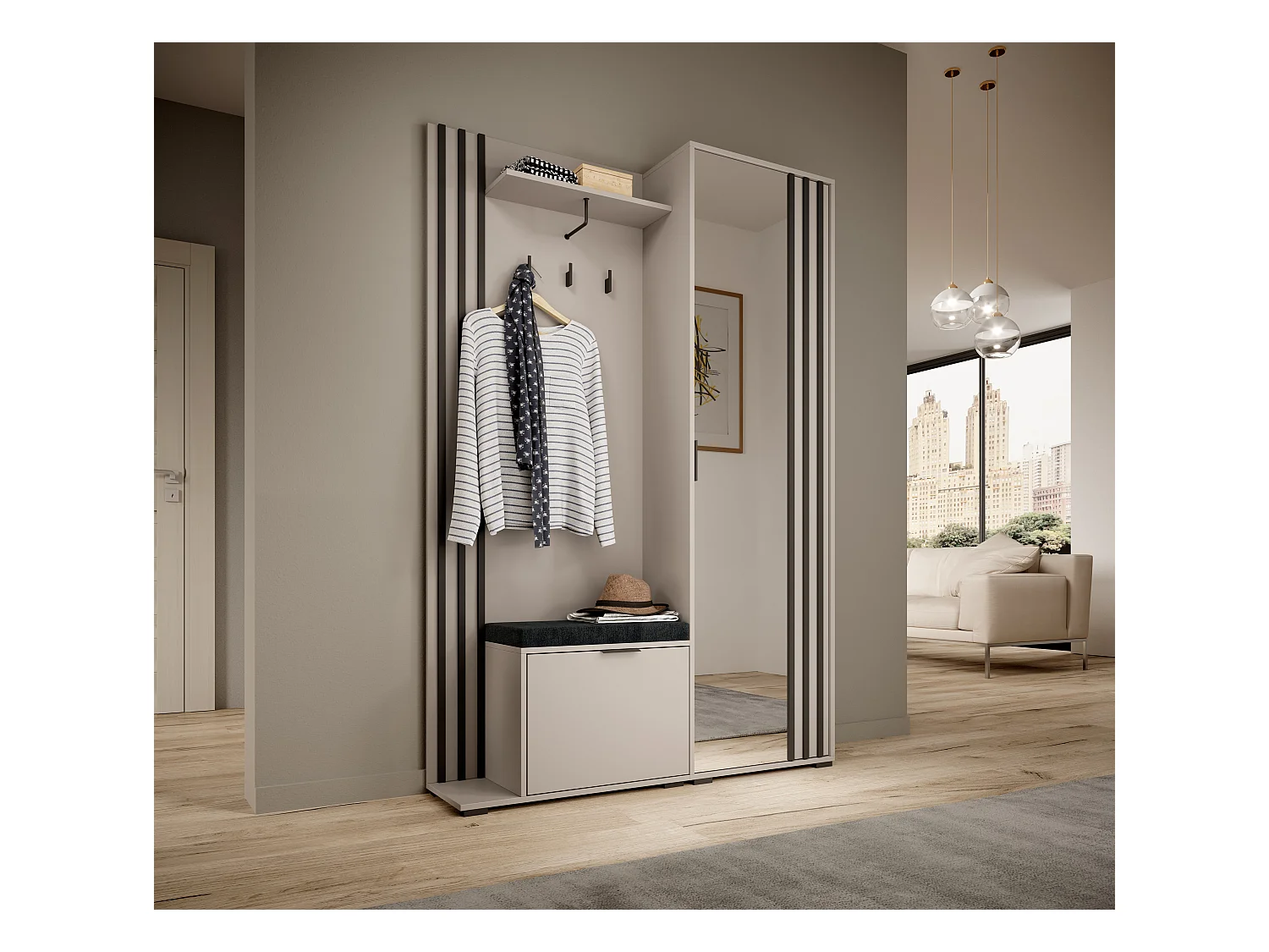 MINIO go for it, ensemble de garde-robe NEL, avec siège rembourré noir, avec miroir, cachemire/noir