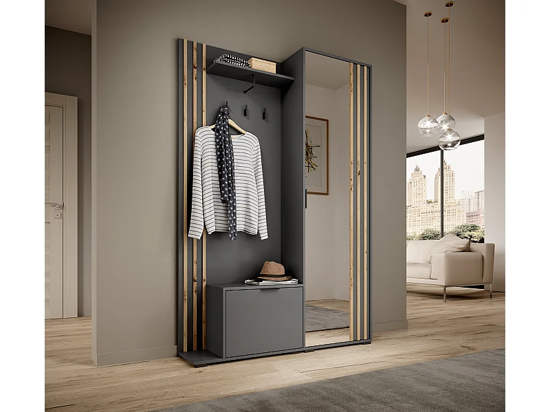 MINIO go for it, Garderoba NEL, z lustrem, grafit/dąb artisan