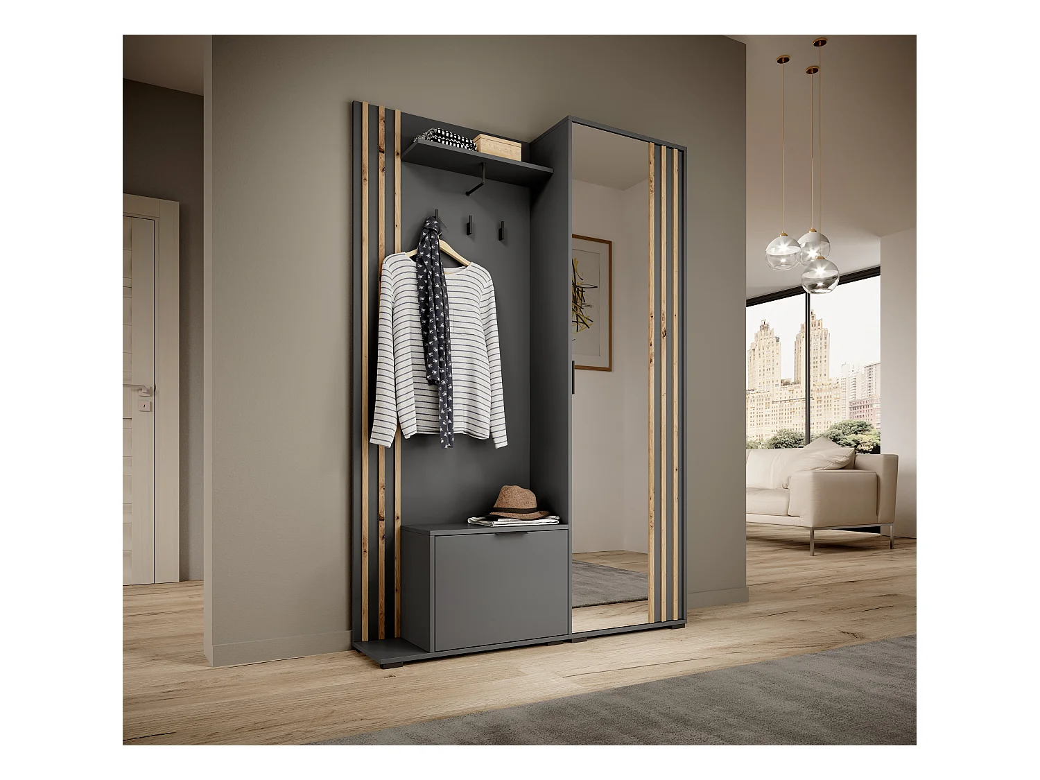 MINIO go for it, ensemble de garde-robe NEL, avec miroir, graphite/chêne artisan
