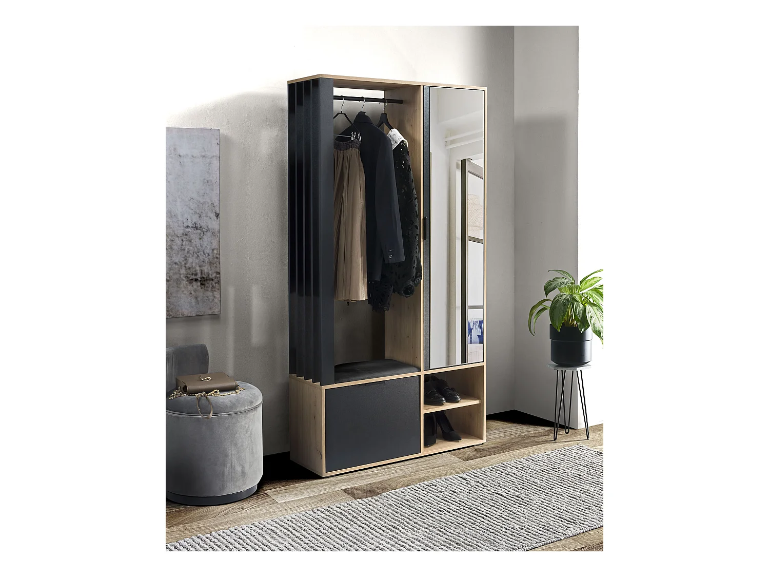 MINIO go for it, Armoire MELO en chêne Artisan/noir avec assise