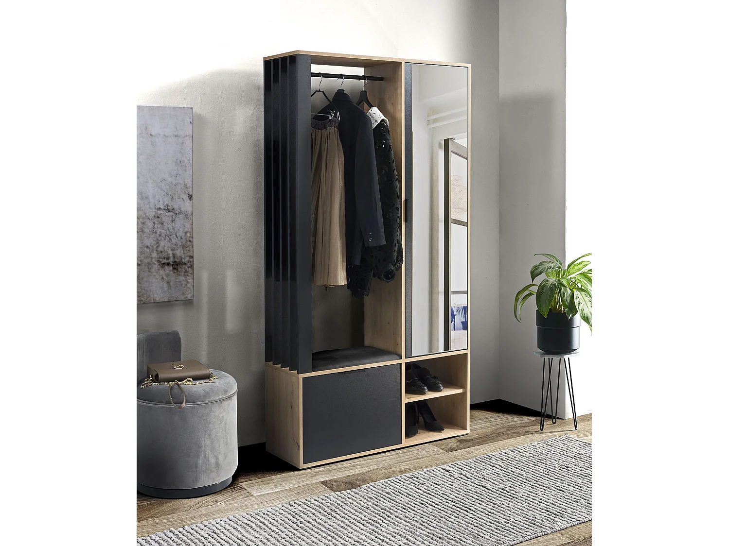 MINIO go for it, Armoire MELO en chêne Artisan/noir avec assise