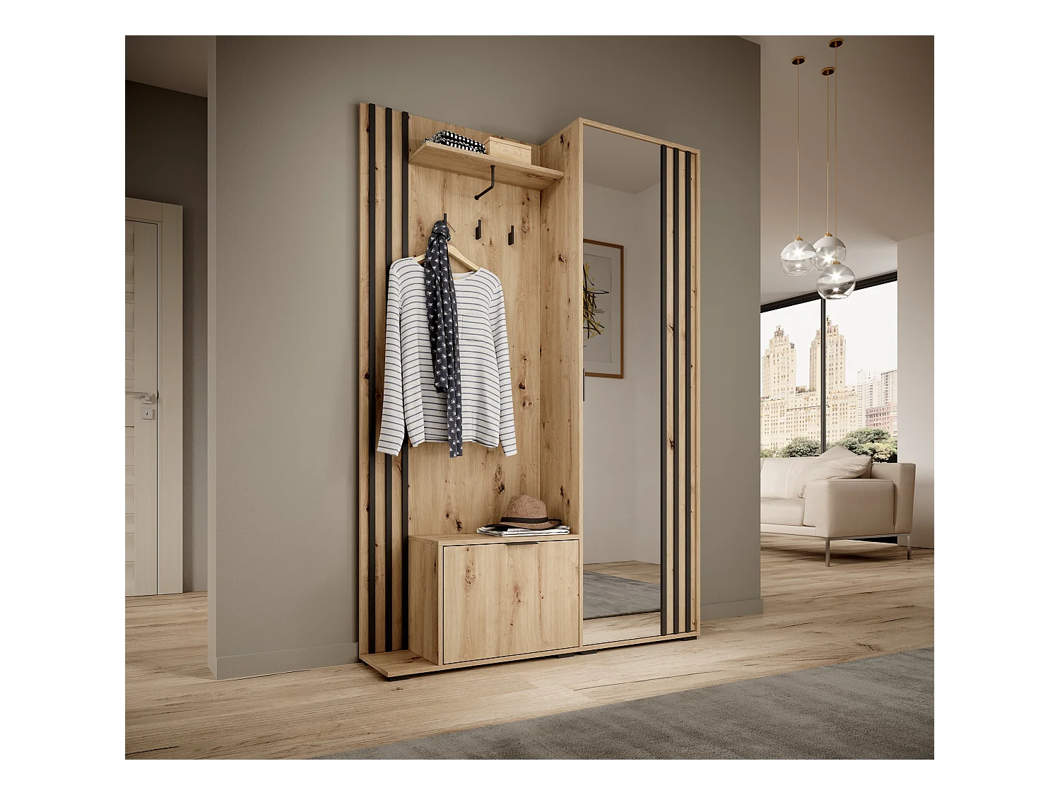 MINIO go for it, ensemble de garde-robe NEL, avec miroir, chêne artisan/noir