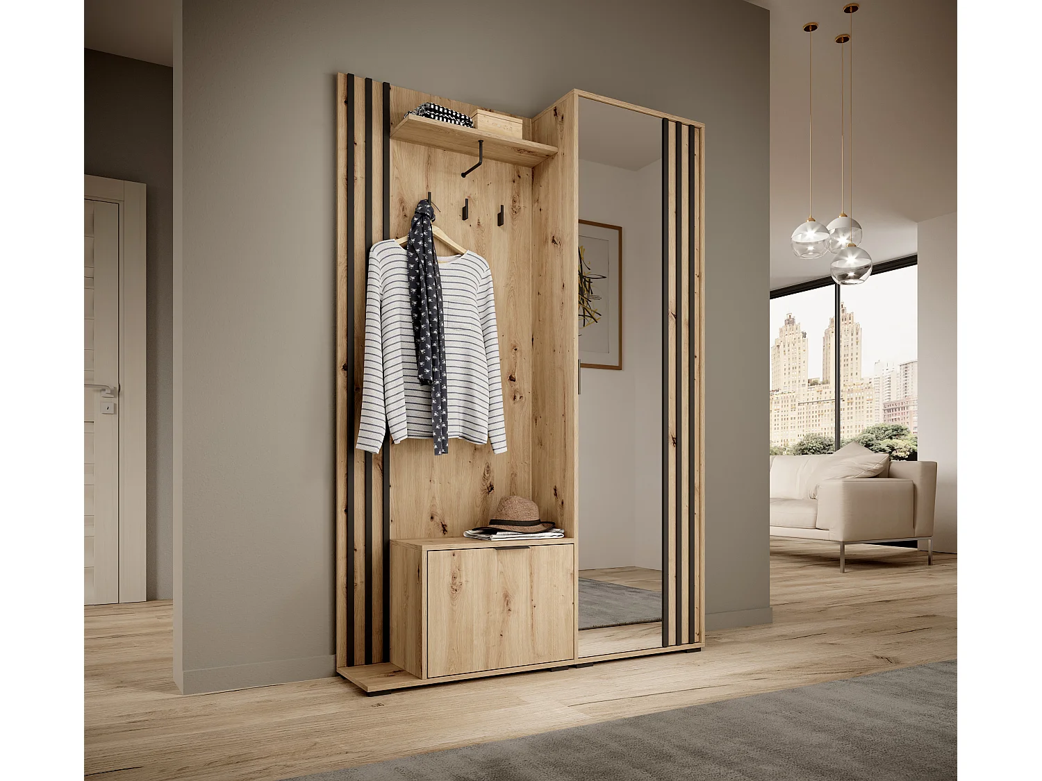 MINIO go for it, ensemble de garde-robe NEL, avec miroir, chêne artisan/noir