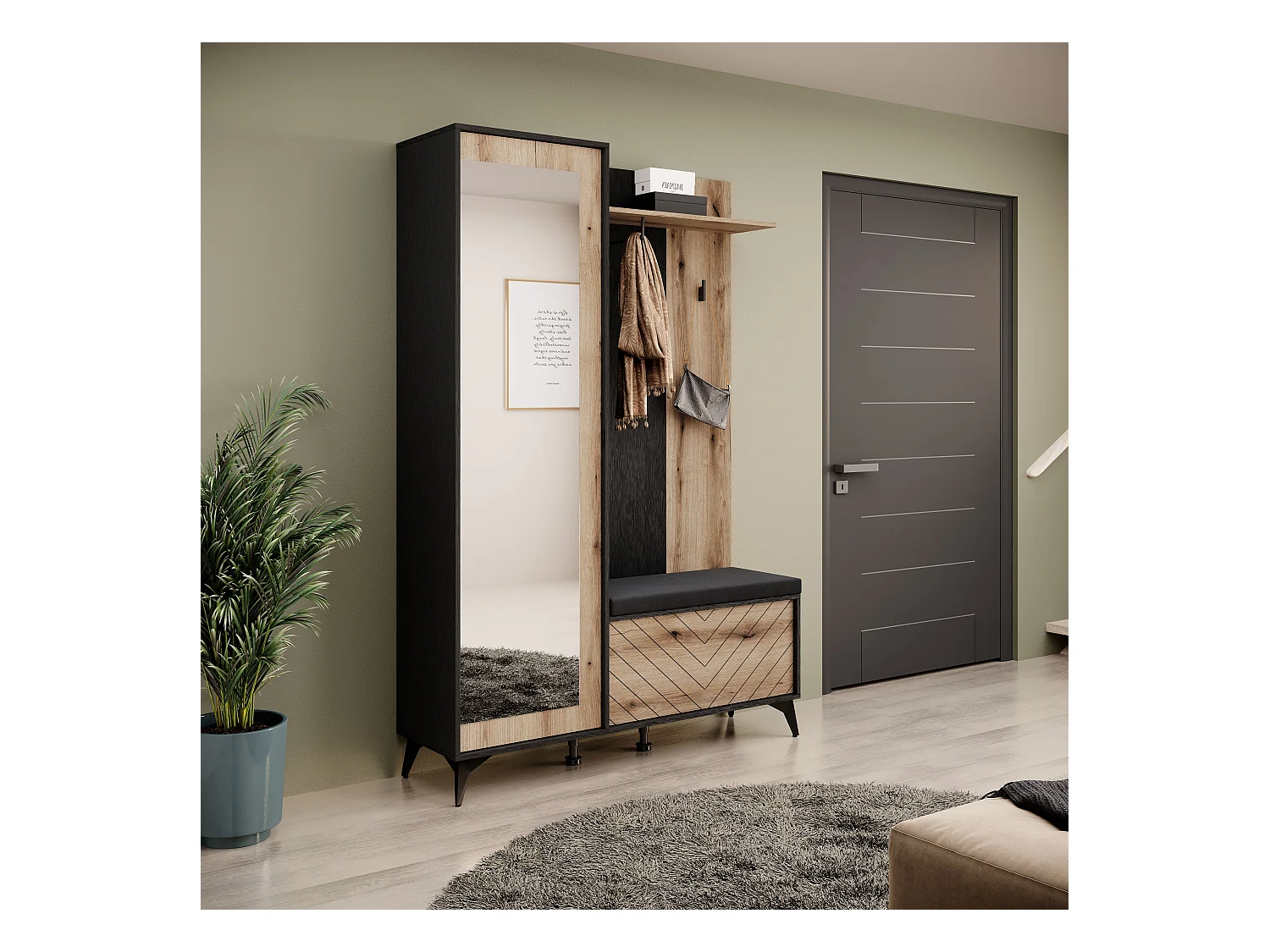 MINIO go for it, ensemble de garde-robe DIAMOND, avec miroir, coussin d'assise, chêne evoke/noir