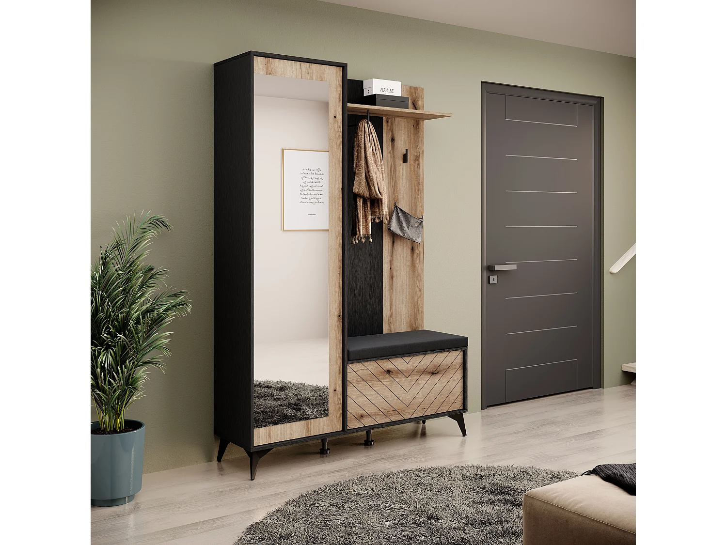 MINIO go for it, ensemble de garde-robe DIAMOND, avec miroir, coussin d'assise, chêne evoke/noir