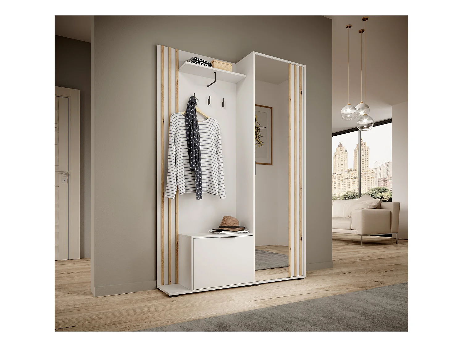 MINIO go for it, ensemble de garde-robe NEL, avec miroir, blanc / chêne artisan