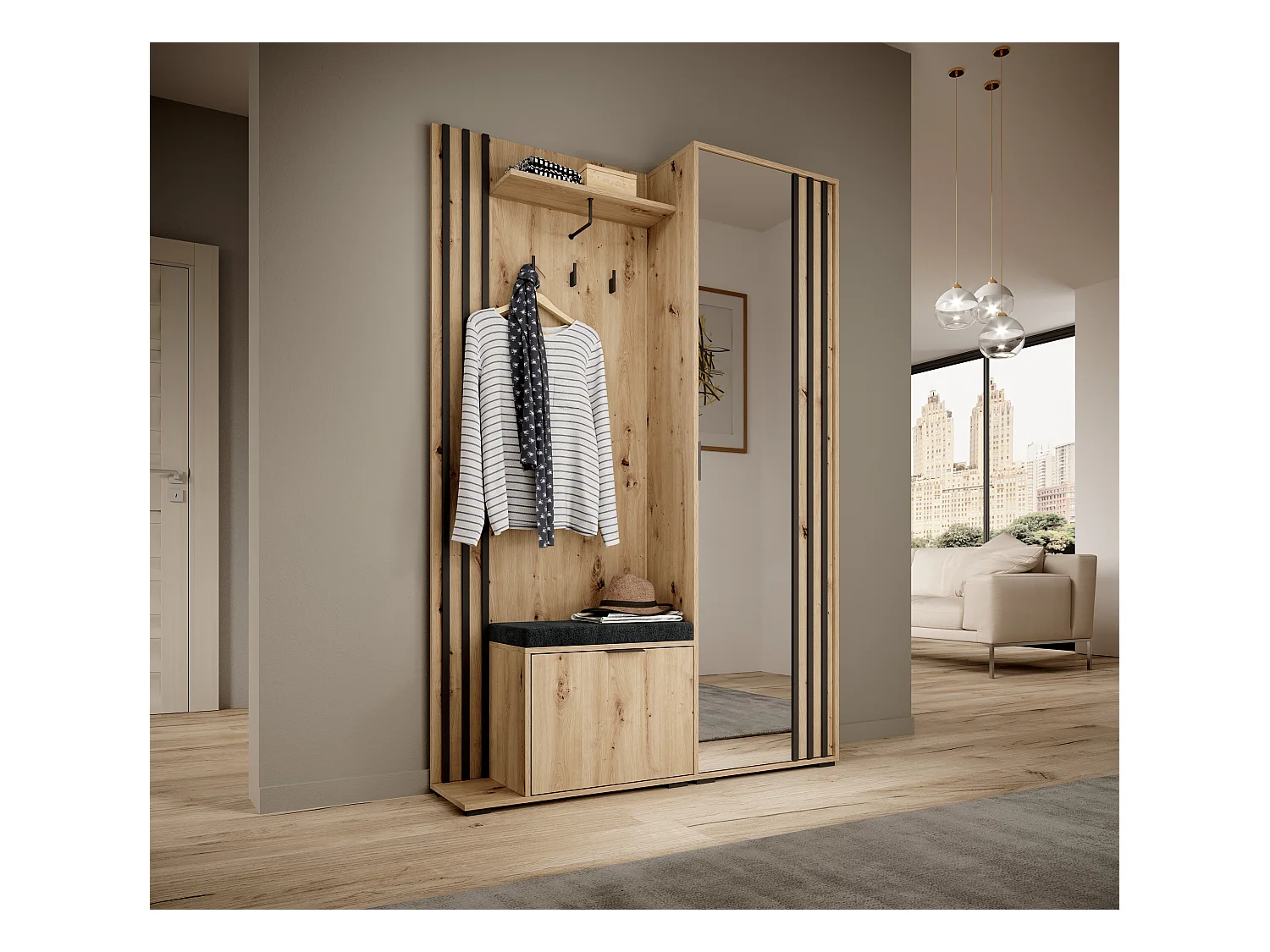 MINIO go for it, ensemble de garde-robe NEL, avec assise rembourrée noire, avec miroir, chêne artisan / noir