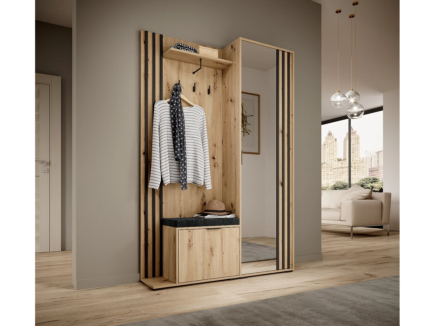 MINIO go for it, ensemble de garde-robe NEL, avec assise rembourrée noire, avec miroir, chêne artisan / noir