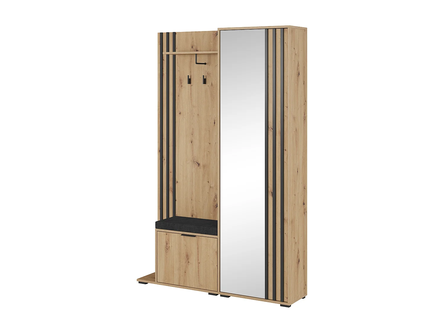 MINIO go for it, ensemble de garde-robe NEL, avec assise rembourrée noire, avec miroir, chêne artisan / noir