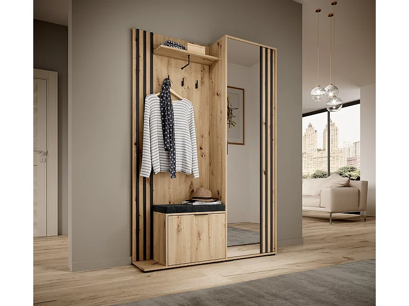 MINIO go for it, Garderobe NEL, met zwart gestoffeerd zitje, met spiegel, artisan eiken/zwart