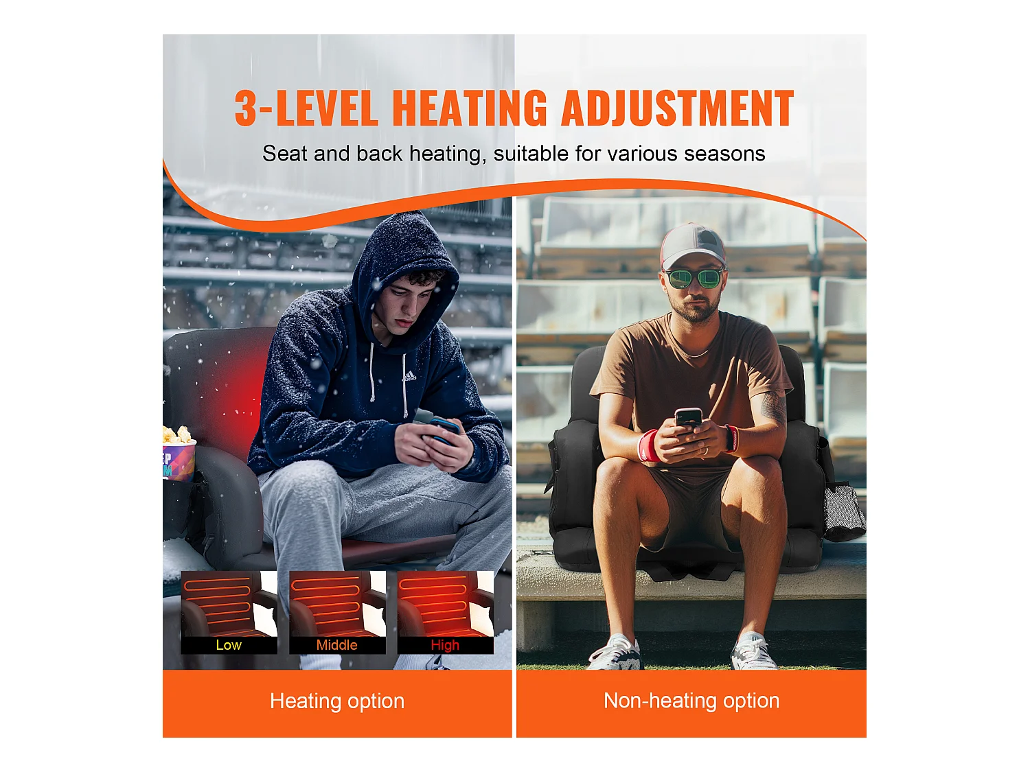 Chaise SucceBuy, Lot de 2 Sièges de Stade Chauffants Doubles, Support Dorsal, Inclinable, Chauffage à 3 Niveaux, pour Diverses Sorties