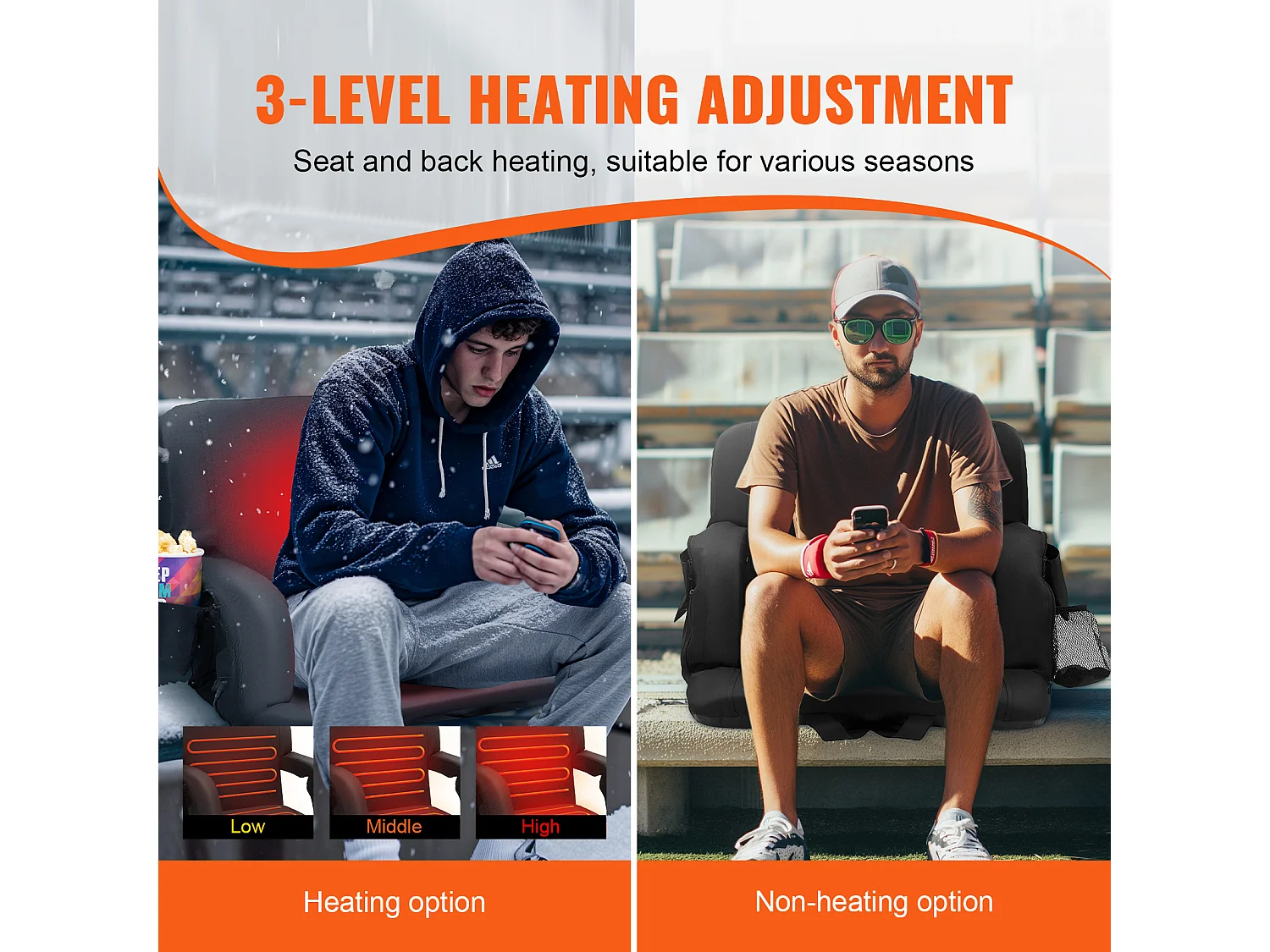 Chaise SucceBuy, Lot de 2 Sièges de Stade Chauffants Doubles, Support Dorsal, Inclinable, Chauffage à 3 Niveaux, pour Diverses Sorties