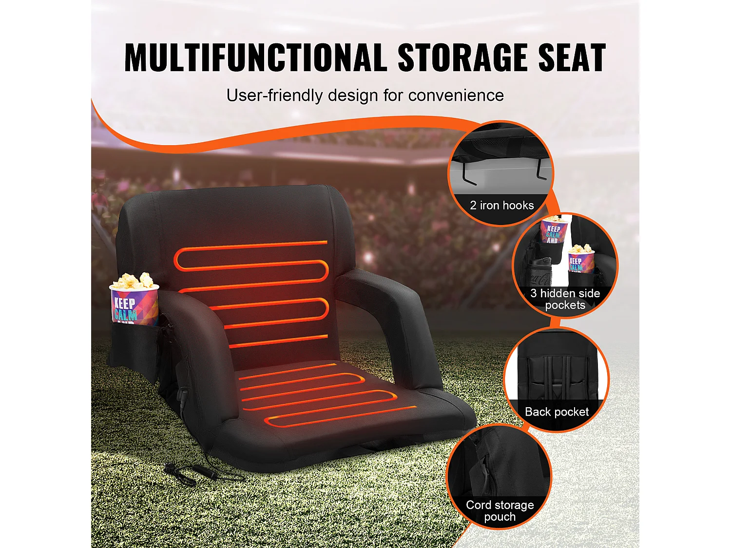 Chaise SucceBuy, Lot de 2 Sièges de Stade Chauffants Doubles, Support Dorsal, Inclinable, Chauffage à 3 Niveaux, pour Diverses Sorties