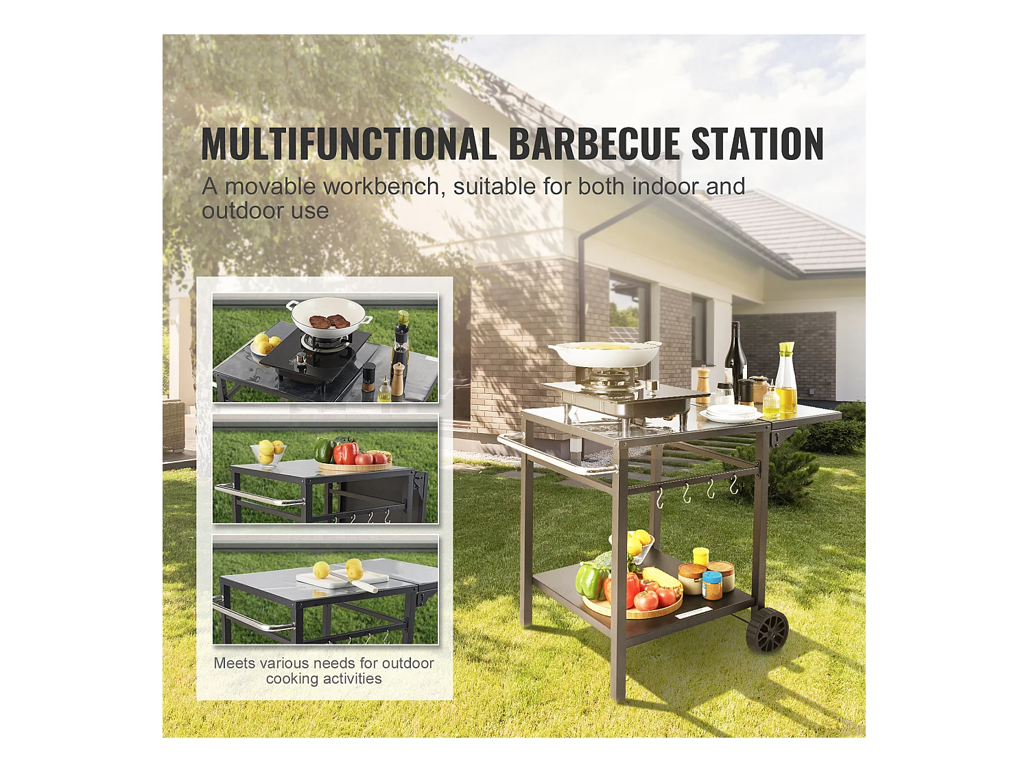 Chariot de Service SucceBuy, Chariot de Salle à Manger pour Barbecue Extérieur à Deux Étagères, Plateau en Fer Pliable