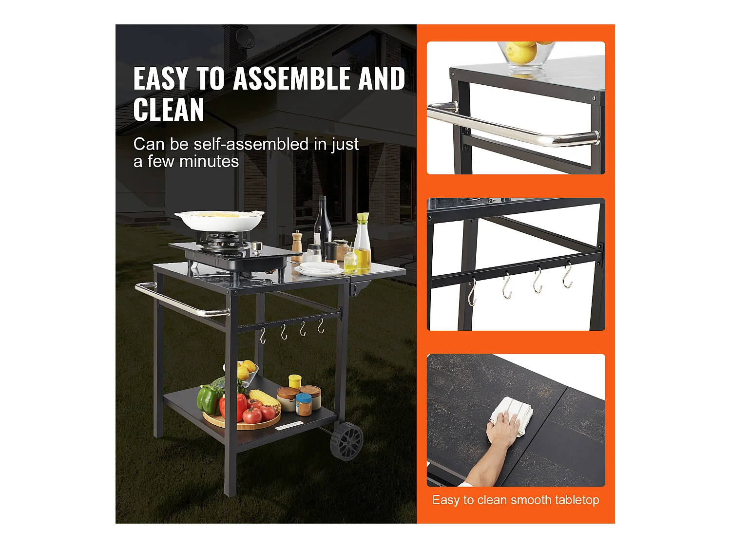 Chariot de Service SucceBuy, Chariot de Salle à Manger pour Barbecue Extérieur à Deux Étagères, Plateau en Fer Pliable