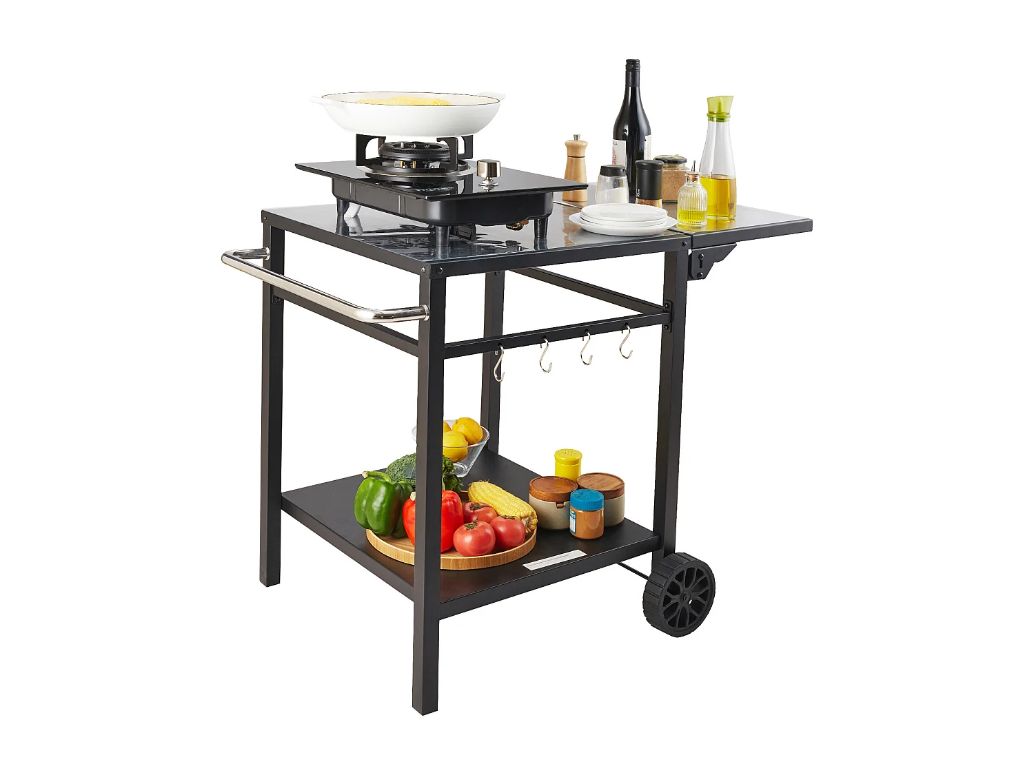 Chariot de Service SucceBuy, Chariot de Salle à Manger pour Barbecue Extérieur à Deux Étagères, Plateau en Fer Pliable