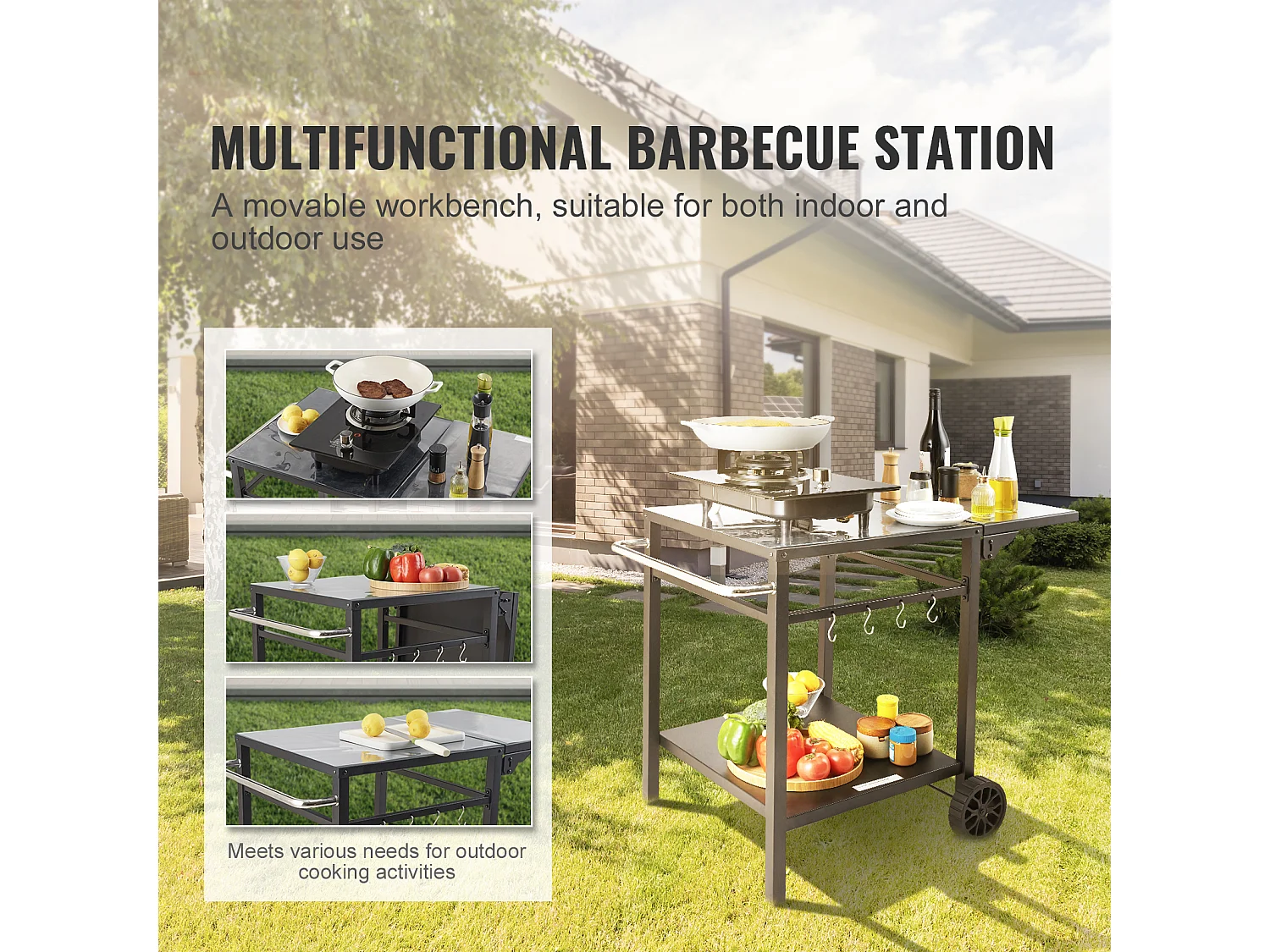 Chariot de Service SucceBuy, Chariot de Salle à Manger pour Barbecue Extérieur à Deux Étagères, Plateau en Fer Pliable