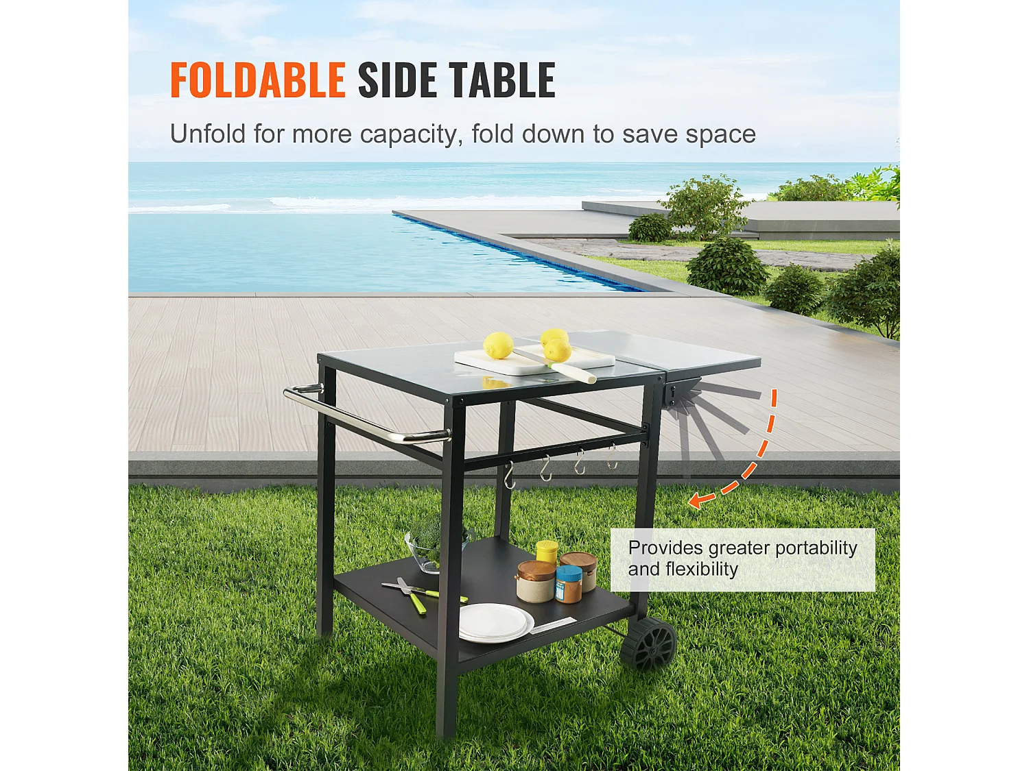 Chariot de Service SucceBuy, Chariot de Salle à Manger pour Barbecue Extérieur à Deux Étagères, Plateau en Fer Pliable