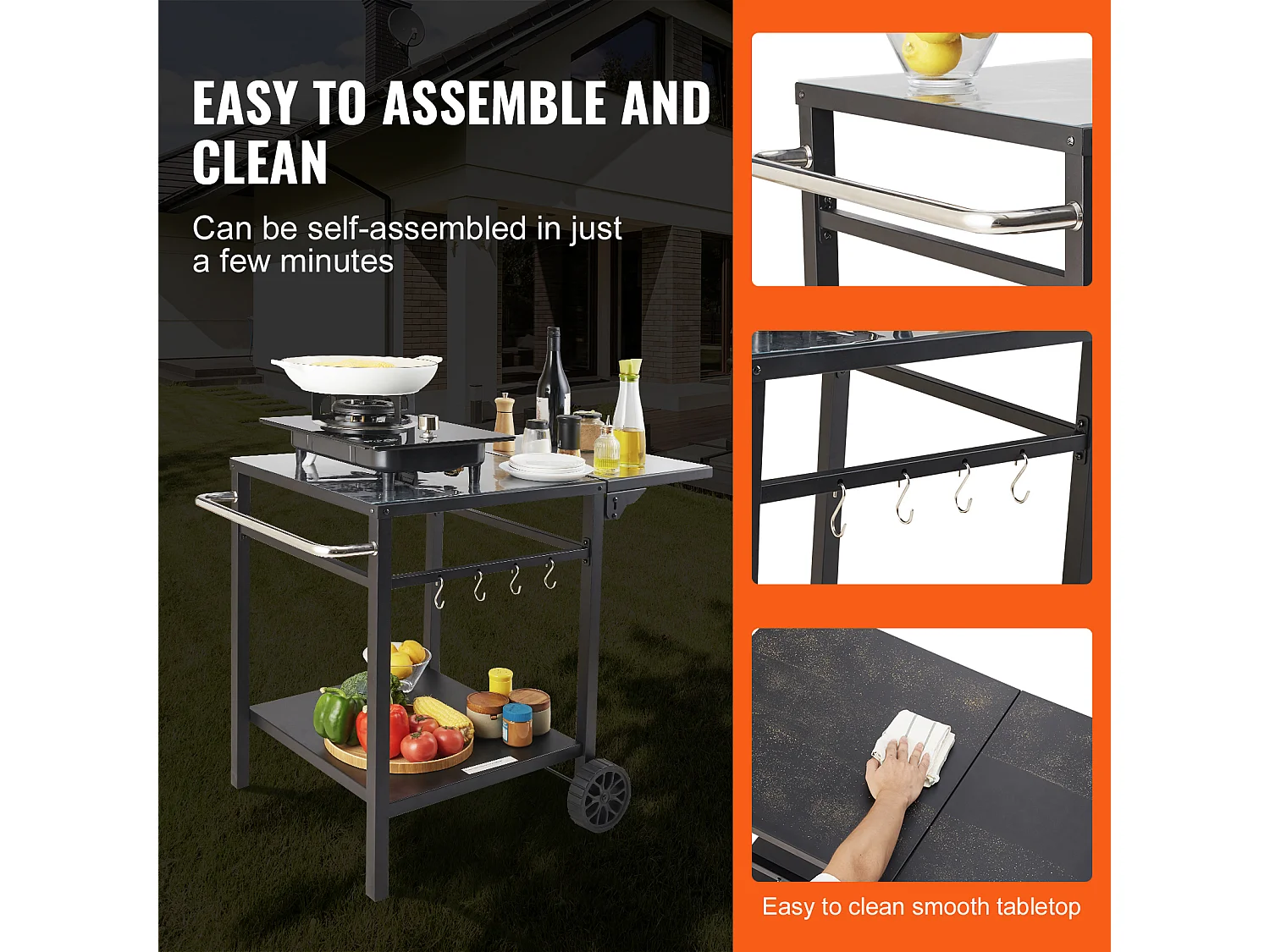 Chariot de Service SucceBuy, Chariot de Salle à Manger pour Barbecue Extérieur à Deux Étagères, Plateau en Fer Pliable