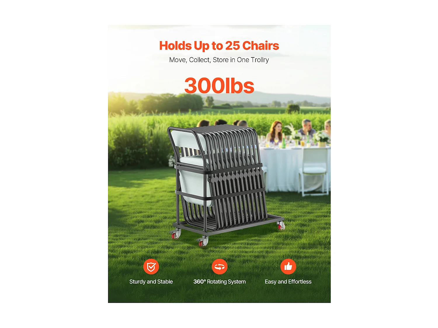 Chariot de Service Pliable SucceBuy, Support de Chaise Pliable, 136 Kg pour 25 Chaises, Rangement Vertical en Forme de L