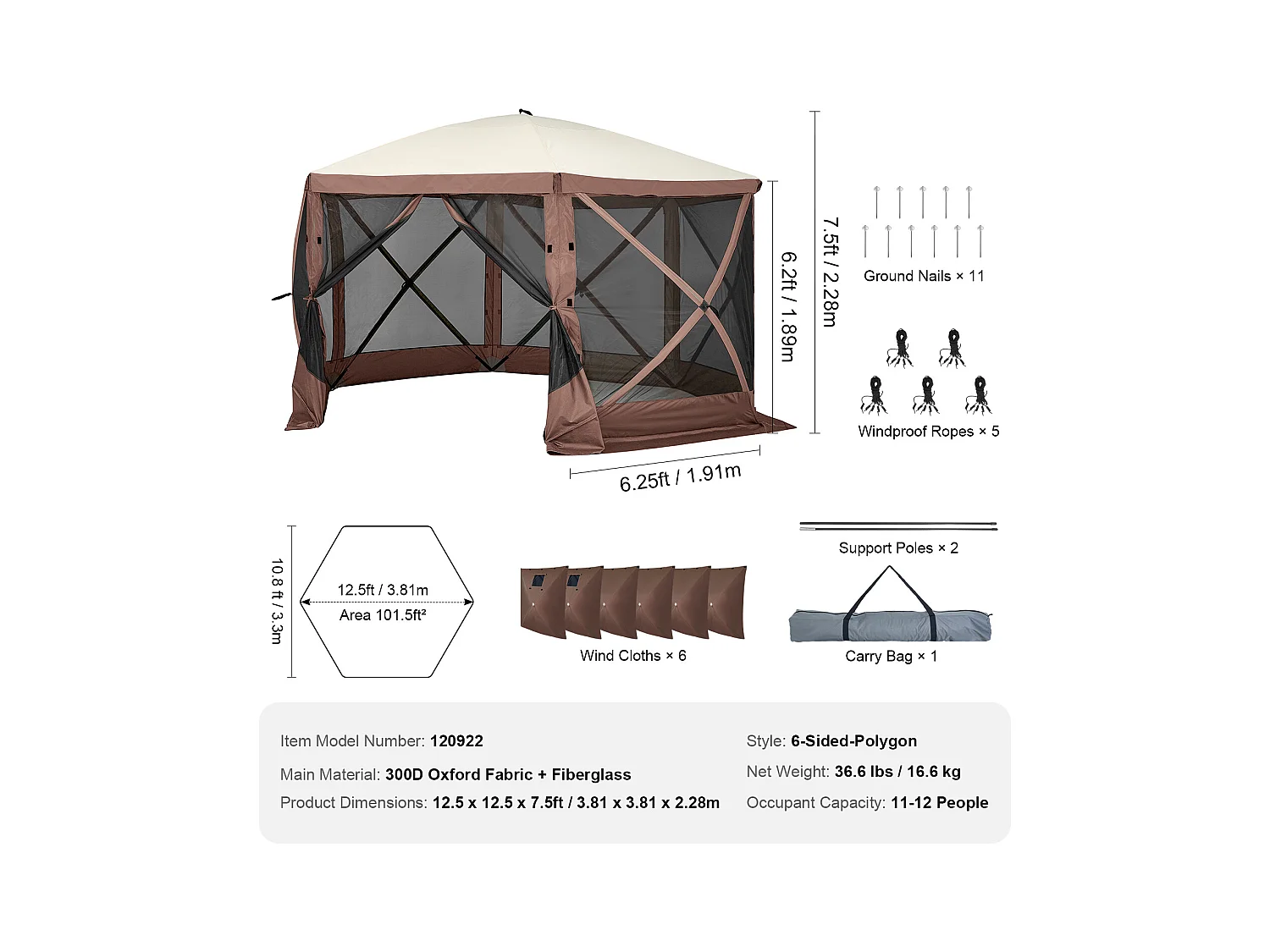 Tenda Tonnello Rilevabile a 6 Lati SucceBuy, Riposo Solare, Marrone, con Pannelli di Intimità Rimuovibili e Finestre in Maglia