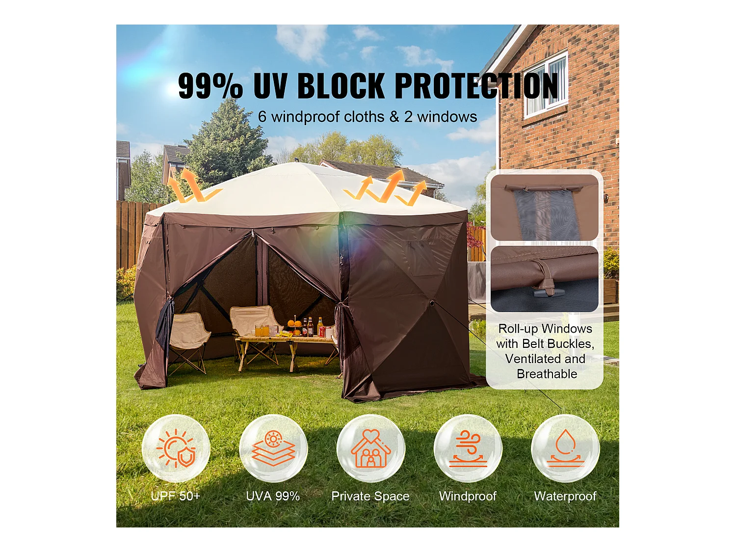 Tenda Tonnello Rilevabile a 6 Lati SucceBuy, Riposo Solare, Marrone, con Pannelli di Intimità Rimuovibili e Finestre in Maglia